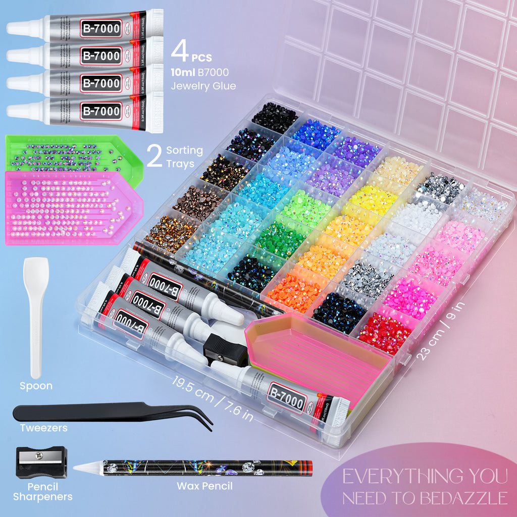 40000 Pcs Resin Jelly Rhinestones Kit, 30 Colors 3mm Flatback Rhinestones with 4 Pcs B7000 Jewelry Glue & Tools, All-in-One Bedazzling Kit for DIY Arts & Crafts Gifts