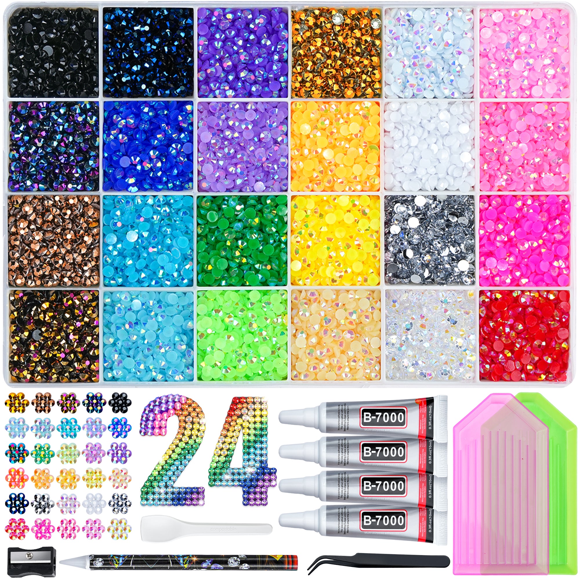 34000 Pcs Resin Jelly Rhinestones Kit, 24 Colors 3mm Flatback Rhinestones with 4 Pcs B7000 Jewelry Glue & Tools, All-in-One Bedazzling Kit for DIY Arts & Crafts Gifts