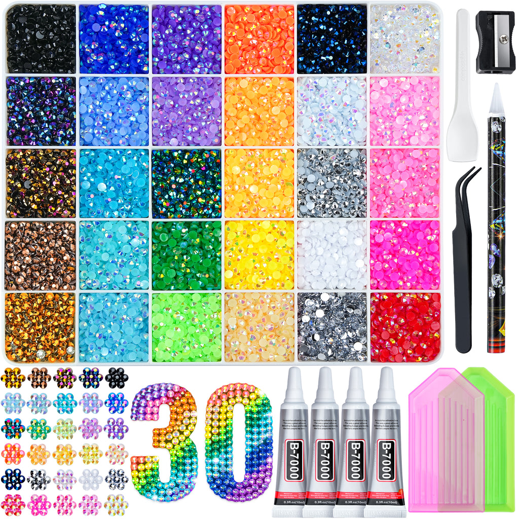40000 Pcs Resin Jelly Rhinestones Kit, 30 Colors 3mm Flatback Rhinestones with 4 Pcs B7000 Jewelry Glue & Tools, All-in-One Bedazzling Kit for DIY Arts & Crafts Gifts